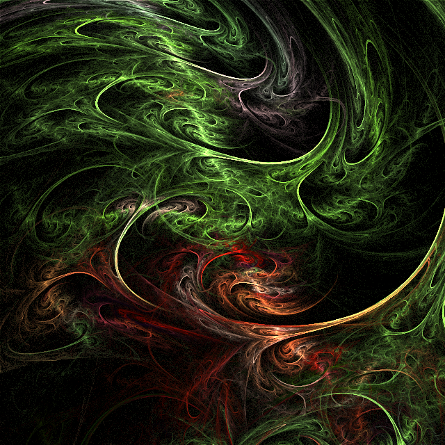 A green, red, and white flame fractal generated with Affine Glow